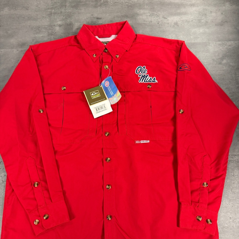 Drake Ole Miss Rebels Fishing Shirt Mens Small Red  Button Down Long Sleeve Vent
